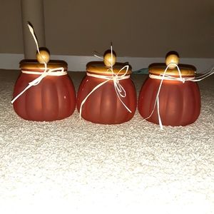3 pumpkin glass farms with lids